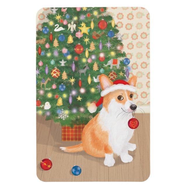 Söt corgi med julgranmagnet magnet (Vertikal)