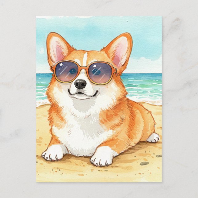 Söt Corgi Solglasögon Strand Ocean Sommar Postkort Vykort (Framsida)
