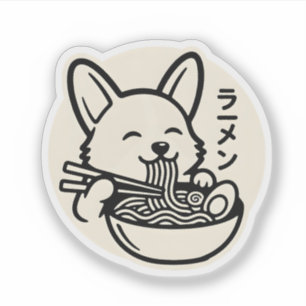 Söt corgi som äter ramen nudlar svart och krämfärg klistermärken