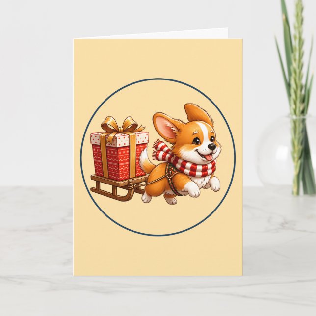 Söt Corgi som drar julklappssläde Ornament Kort (Framsida)