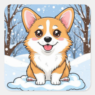 Söt Corgi-valp som sitter i snöig vinterscen Fyrkantigt Klistermärke