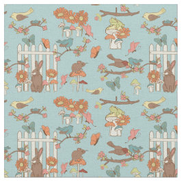 Söt Cottagecore Birds and Animals Light Blue Tyg