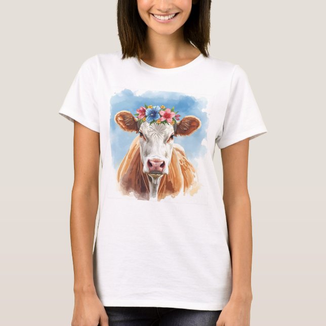 Söt Cow med blommor T Shirt (Framsida)