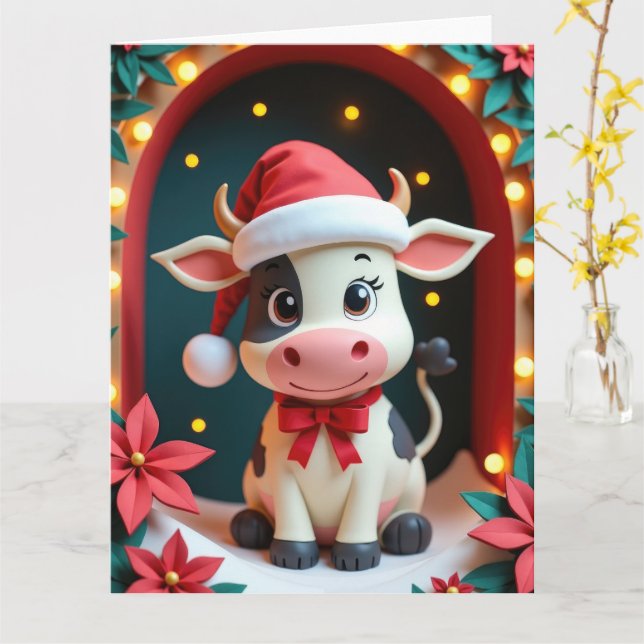 Söt Cow med Santa Hat i Snowy Stable Scene Kort (Gul blomma)