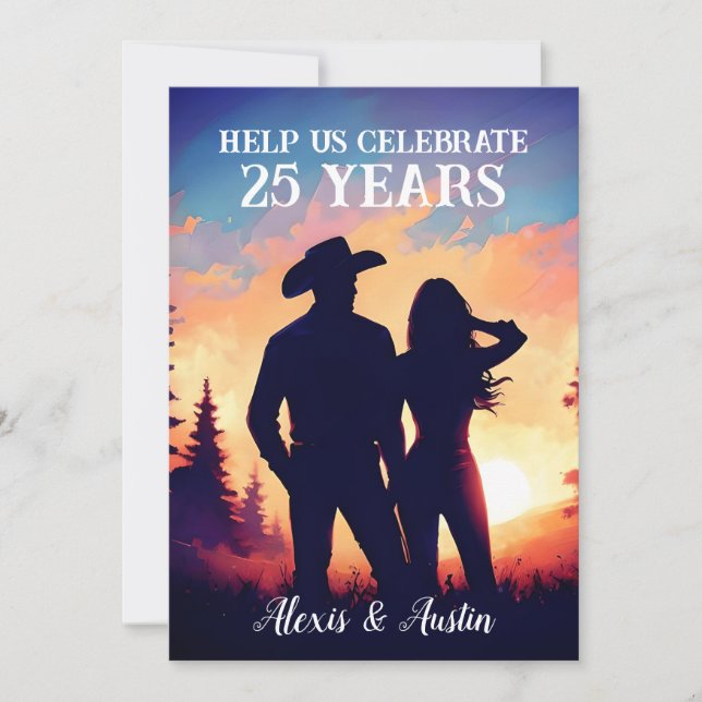 Söt Cowboy och Cowgirl 25-årsjubileum Inbjudningar (Framsida)