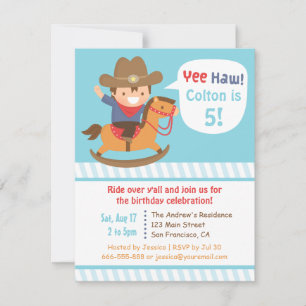 Söt cowboy på gunghäst pojkars födelsedagsfest inbjudningar