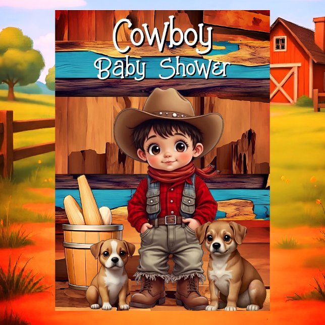 Söt Cowboy Pojke Bebis Badrum hundar Röd Blå Inbjudningar (Skapare uppladdad)