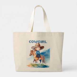 Söt Cowgirl-flicka Ridande Häst Vattenfärg Design Jumbo Tygkasse