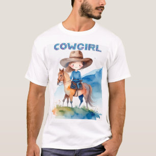 Söt Cowgirl-flicka Ridande Häst Vattenfärg Design T Shirt
