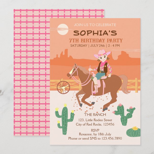 Söt Cowgirl och Häst Födelsedagsfest Inbjudningar (Fram/baksida)