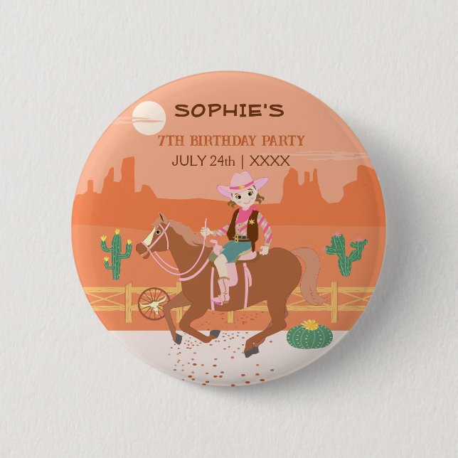 Söt Cowgirl och Häst Födelsedagsfest Knapp (Framsida)