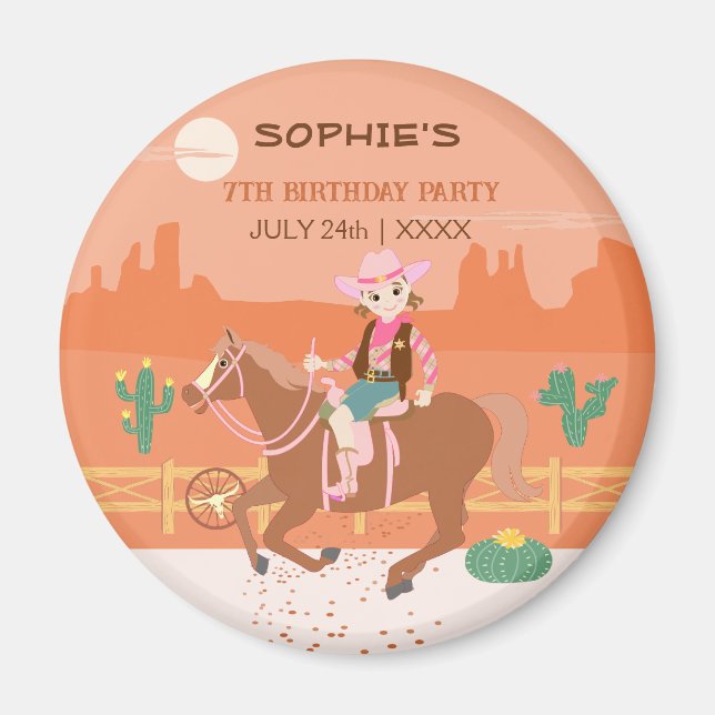 Söt Cowgirl och Häst Födelsedagsfest Magnet (Framsidan)