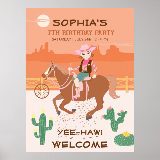 Söt Cowgirl och Häst Födelsedagsfest Poster (Framsidan)