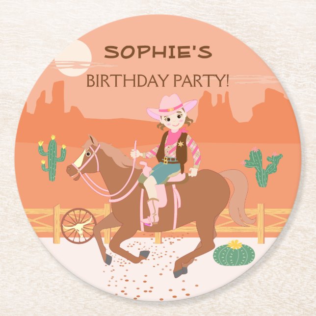 Söt Cowgirl och Häst Födelsedagsfest Underlägg Papper Rund (Framsidan)