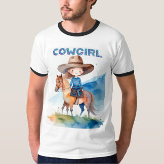 Söt cowgirlflicka som rider häst i akvarelldesign t shirt