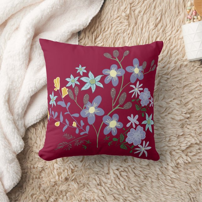 Söt Cranberry Lavender Blommigt Pillow Kudde (Filt)