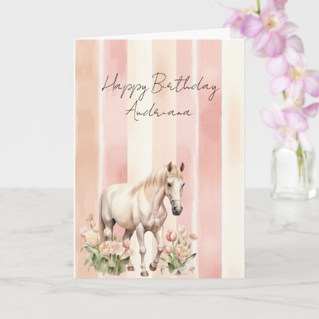 Söt Cream Peach Rosa Horse Blommigt Birthday Kort (Orkide)