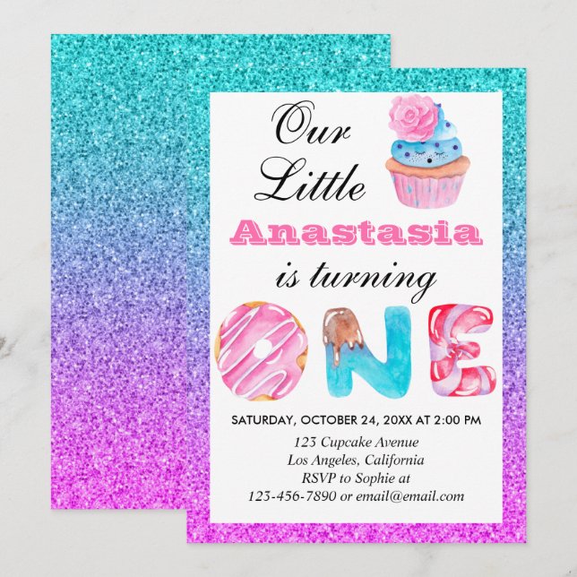 Söt Cupcake Blå Lila Glitter 1-års Födelsedag Ett Inbjudningar (Fram/baksida)