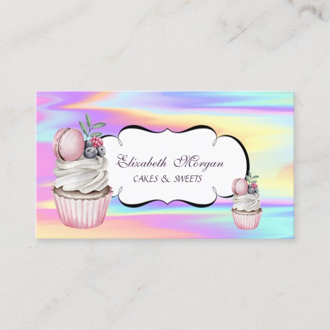 Söt Cupcake Macaron Bageri Färgglatt Holografisk Visitkort (Framsida)