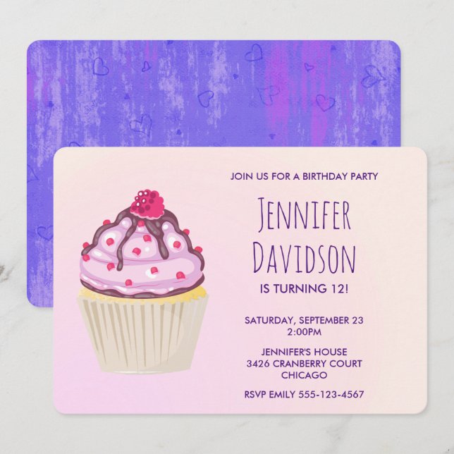 Söt Cupcake med hallon på toppen Inbjudningar (Fram/baksida)