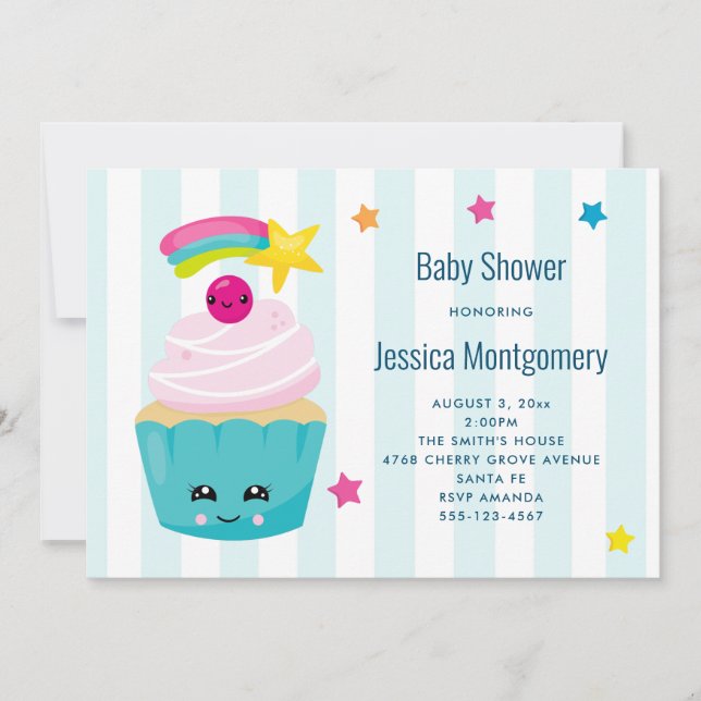Söt Cupcake med Kawaii-ansikte Baby Shower Inbjudningar (Framsida)