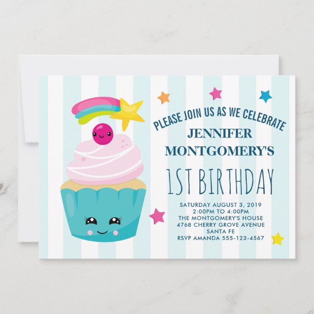 Söt Cupcake med Kawaii-ansikte Födelsedag Inbjudningar (Framsida)