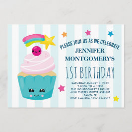 Söt Cupcake med Kawaii-ansikte Födelsedag Inbjudningar
