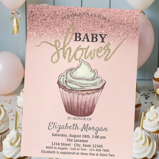 Söt Cupcake Rosa Guldglitter Inbjudningar (Skapare uppladdad)