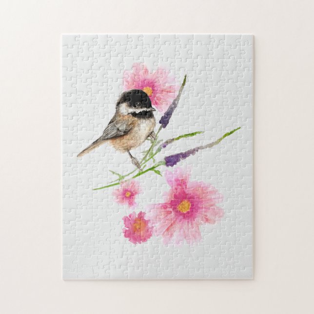 Söt Cute Chickadee Black Caps Bird Watercolor Pussel (Vertikal)