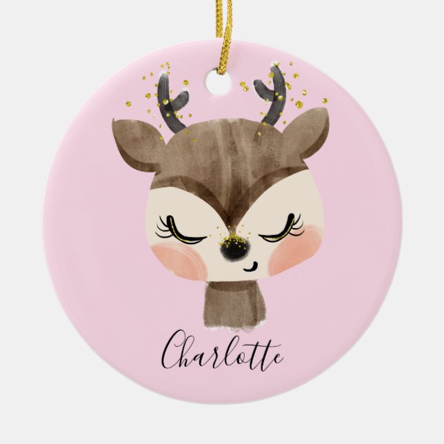 Söt Cute & Girly Pastel  Rosa Baby Reindeer Julgransprydnad Keramik (Framsidan)