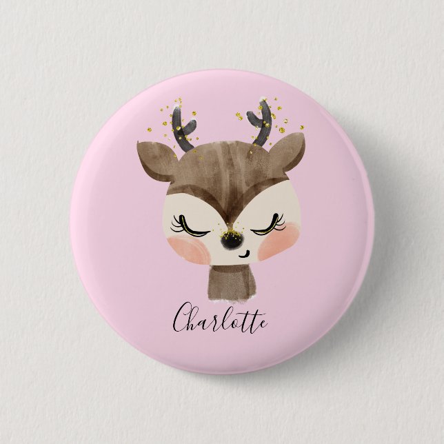 Söt Cute & Girly Pastel  Rosa Baby Reindeer Knapp (Framsida)