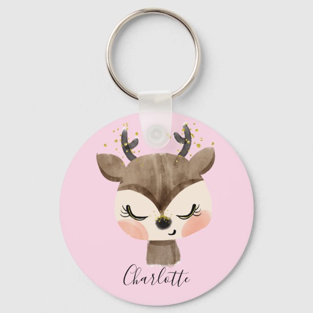 Söt Cute & Girly Pastel  Rosa Baby Reindeer Nyckelring (Framsida)
