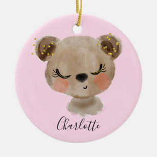 Söt Cuten Flickig Pastell Rosa Baby Brun Björn Julgransprydnad Keramik