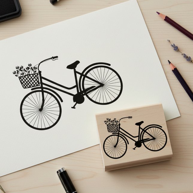 Söt cykel med blommor Trästämpel Stämpel (Cute bicycle with flowers wooden art stamp.)
