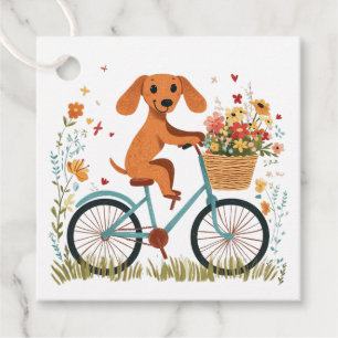 Söt dachshund hund cyklar vårblommor gåvor etiketter