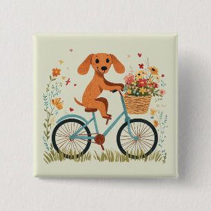 Söt dachshund hund cyklar vårblommor knapp