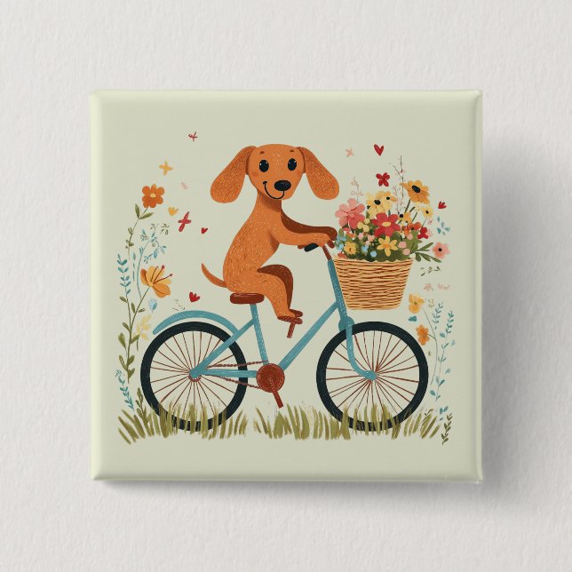Söt dachshund hund cyklar vårblommor knapp (Framsida)