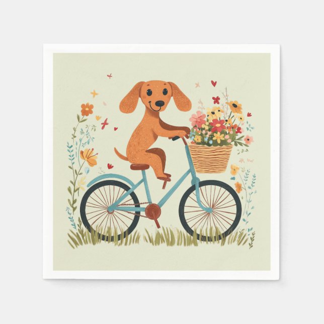 Söt dachshund hund cyklar vårblommor pappersservett (Framsidan)