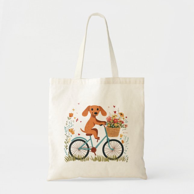 Söt dachshund hund cyklar vårblommor tygkasse (Framsidan)
