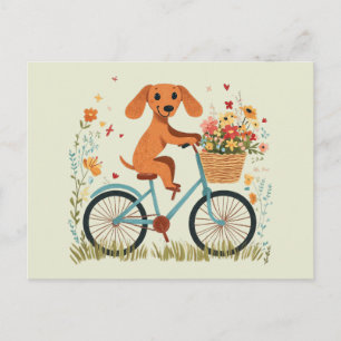 Söt dachshund hund cyklar vårblommor vykort