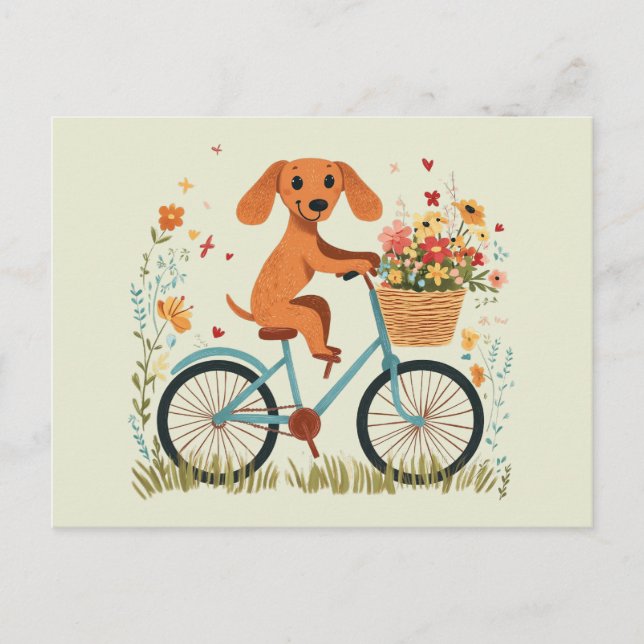 Söt dachshund hund cyklar vårblommor vykort (Framsida)