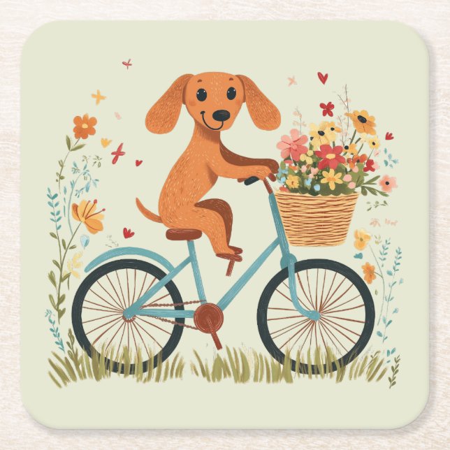 Söt Dachshund Hund Cykling Vårblommor Underlägg Papper Kvadrat (Framsidan)