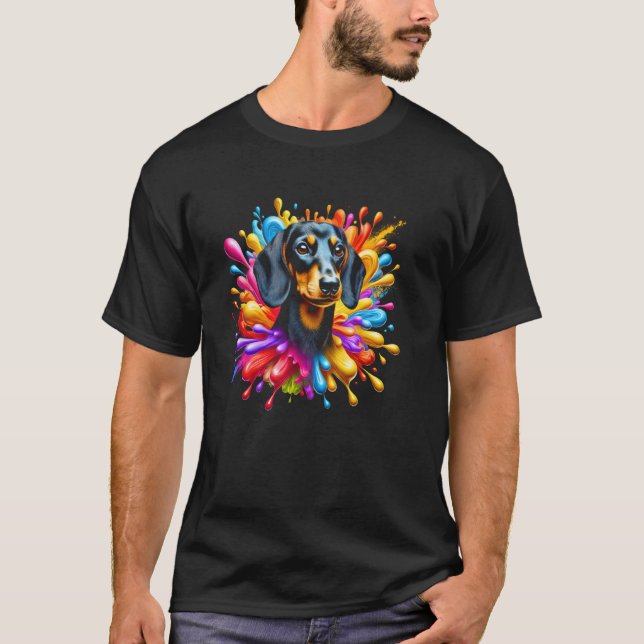 Söt Dachshund i Färgglada Målarfärgssprut T Shirt (Framsida)