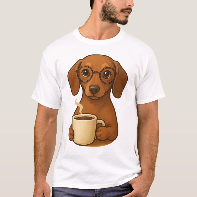 Söt Dachshund Kaffeälskare T-Shirt – Rolig Korv (Framsida)