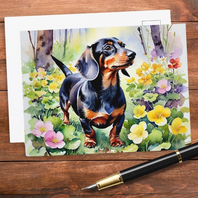 Söt Dachshund Korv Hund Vår Primula Blommor Vykort (A pretty postcard featuring a cute dachshund in woodland, with colorful primrose flowers in Spring)