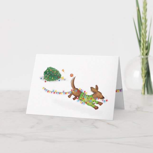 Söt dachshund med julgransbelysning julkort kort (Framsida)