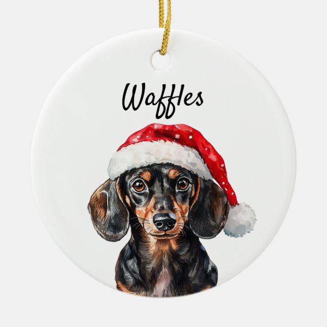 Söt Dachshund med tomtehatt Julgransprydnad Keramik (Framsidan)