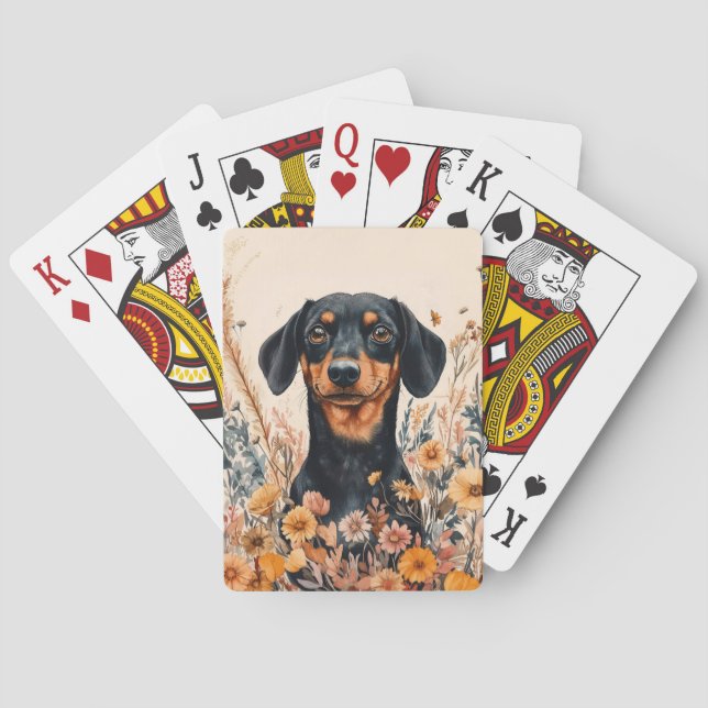 Söt Dachshund med vilda blommor Målning Casinokort (Baksidan)