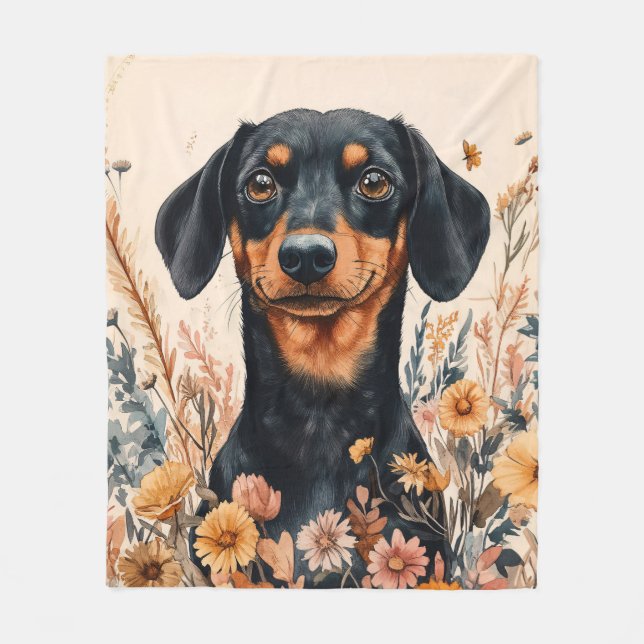 Söt Dachshund med vilda blommor-målning Fleecefilt (Framsidan)