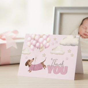 Söt dachshund och ballonger flicka baby shower tack kort